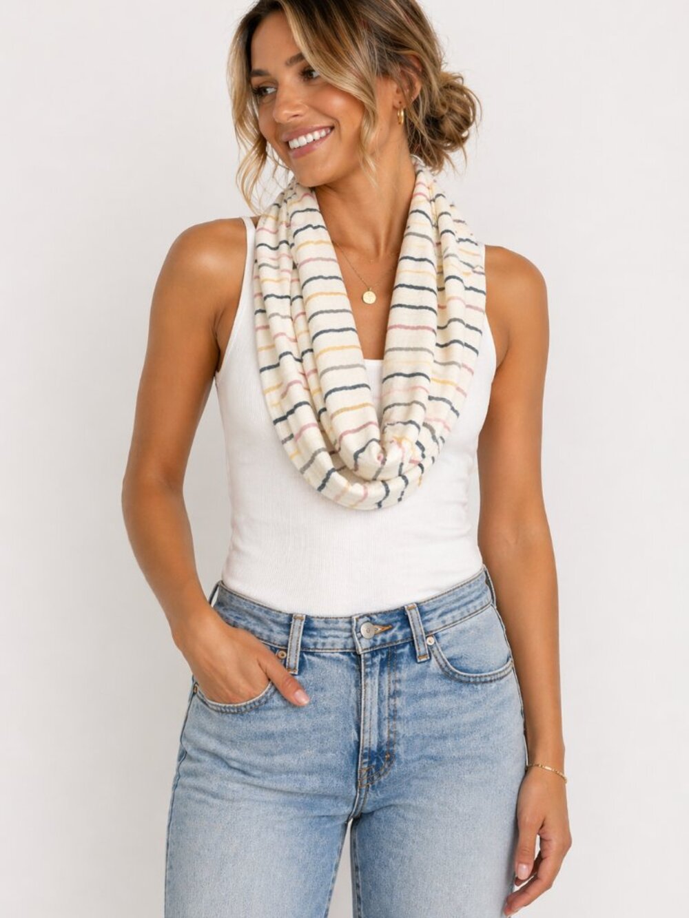 J. Jill NWT Striped Infinity Scarf Rayon Wool Blend Lightweight Loop One‎ Size
